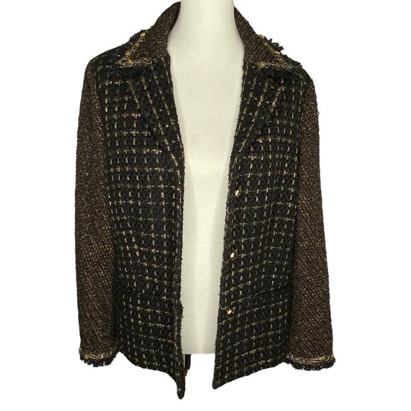 Chico's Tweed Blazer Black Brown Metallic Beaded Fringe Size 12 L Boho Academia - Picture 9 of 15